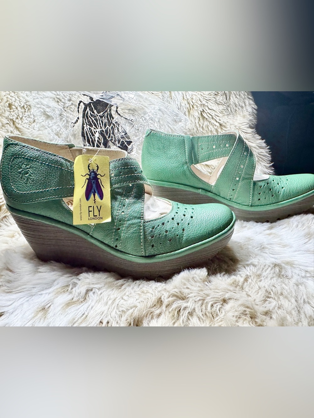 FLY London Yala Green Leather Cutout Wedge Sandals Mary Jane EU 37 (US 6.5)NWT - Picture 3 of 8